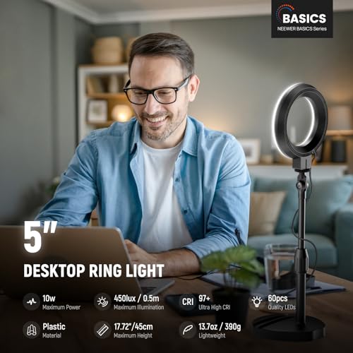 NEEWER Basics 5"/13cm Desk Ring Light with Stand, Phone Holder Base, 10W LED Selfie Light Compatible with iPhone for Video Recording Laptop Webcam Zoom Video Conference Lighting Makeup, Black BR60 - color: Black, size: 5" w/Stand