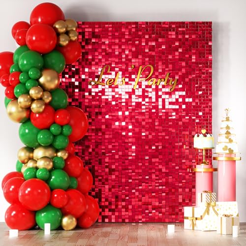 COKAOBE Red Shimmer Wall Backdrop, 24PCS Square Sequin Shimmer Backdrop Panel, Photo Backdrops for Birthday, Anniversary, Wedding, Graduation & Bachelorette Party Decoration - color: Red, size: 24pcs (6x4ft)