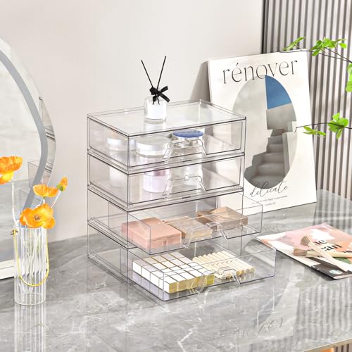 3 Pack Stackable Makeup Organizer, 12.1''L Acrylic Bathroom Organizer and Storage Undersink Drawer, Cosmetics and Beauty Supplies,Clear Plastic Storage Bins for Vanity,Pantry,Desk,Cabinet,Kitchen - style: 3pack Wide