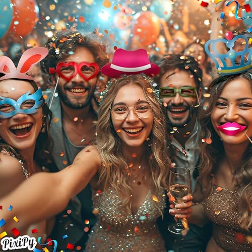 Photo Booth Props - 66 Piece Multicolor Kit - Fun Selfie Party Accessories - Mustaches, Hats, Lips & More - by PixiPy - color: Multicolored, size: 1 Set (66 PCs)