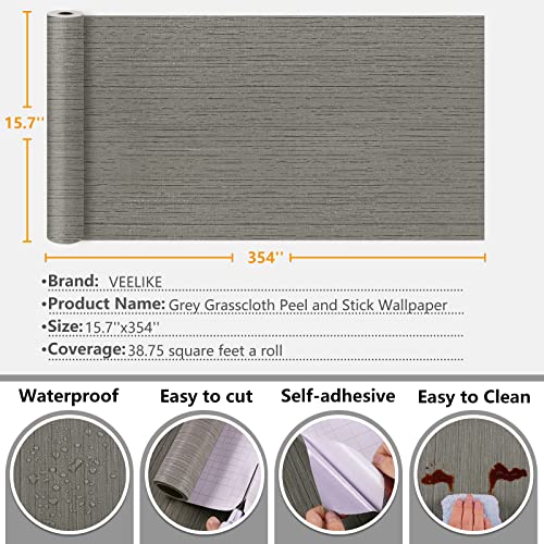 VEELIKE Grey Grasscloth Vinyl Wallpaper, Textured Fabric, Peel and Stick, 15.7''x354'', 38.75 Sq Ft/Roll, Removable, Waterproof, for Walls, Furniture, Kitchen, Bathroom - color: Gray, size: 15.7" x 354"