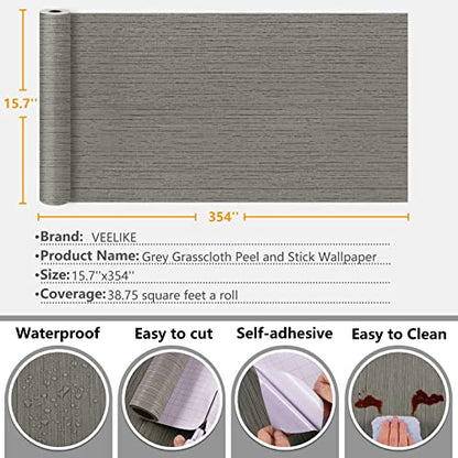 VEELIKE Grey Grasscloth Vinyl Wallpaper, Textured Fabric, Peel and Stick, 15.7''x354'', 38.75 Sq Ft/Roll, Removable, Waterproof, for Walls, Furniture, Kitchen, Bathroom - color: Gray, size: 15.7" x 354"