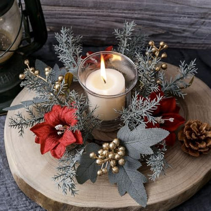 Christmas Candle Ring Kitchen Cabinet Wreath Xmas Table Centerpieces 9.8" Mini Rings Wreaths Candle Holder for Pillars Rustic Home Decor