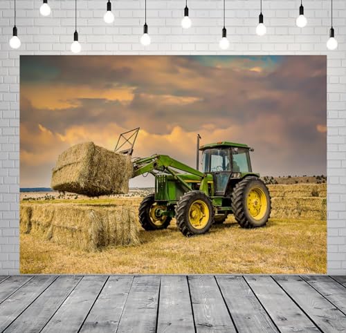 BELECO 7x5ft Fabric Farm Tractor Photography Backdrop Countryside Ranch Green Tractor Hay Bales Fall Harvest Photography Background Autumn Themed Party Decoration Photo Studio Props - size: 7x5ft