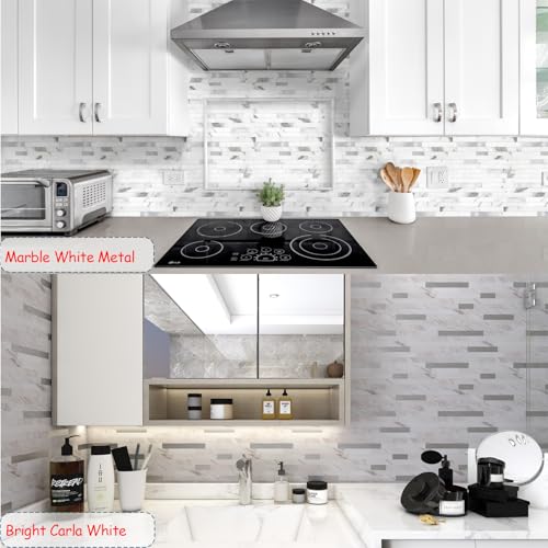 Yipscazo 10 Sheets Peel and Stick Stone Metal Tile Backsplash, Stick on Tiles for Backsplash Kitchen, Bathroom, Laundry Room, Camper, Fireplace (12'' X 12'', White Stone with Gold) - color: White Stone with Gold
