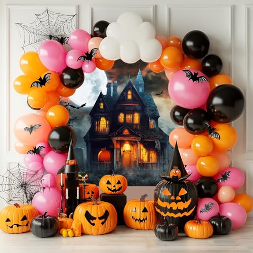 Mocsicka Halloween Backdrop Haunted House Castle Night Pumpkin Terror Costume Party Halloween Kids Birthday Background for Photography Photo Studio Props (Orange, 7x5ft) - color: Orange, size: 7x5ft