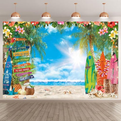 12x8ft Summer Hawaiian Beach Photography Backdrop Tropical Flower Palm Leaves Surfboard Background for Luau Aloha Party Decoration Banner Photo Booth - size: 12x8ft
