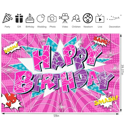 5x3ft Pink Spider Theme Backdrop Cartoon Photography Background Kids Boys Girls Birthday Party Decorations Photo Booth Banner Props - color: Pink-Spider