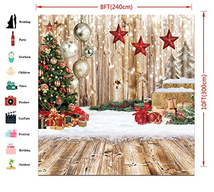 8x10Ft Christmas Backdrop Christmas Backdrops for Photography Winter Snow Backdrop Rustic Wood Floor Backdrop Xmas Tree Gift Christmas Family Party Background - size: 8x10ft