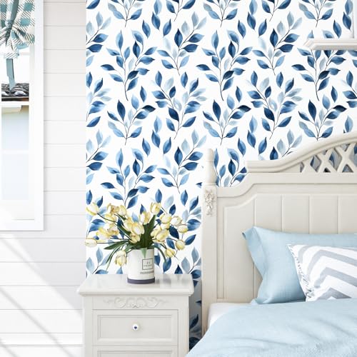 Blue Leaf Peel and Stick Wallpaper, 17.5" x 197" Casual Blue Leaf Floral Contact Paper for Bedroom Bathroom Walls, Self-Adhesive Boho Removable Wallpaper Decor Royal Blue and White - color: White/Blue, size: 17.5" x 197"