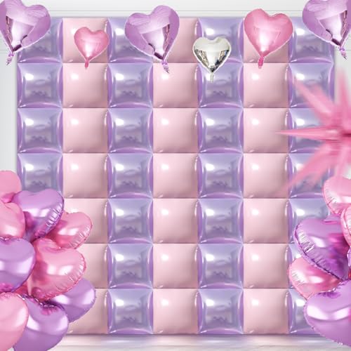 50PCS Pink and Purple Square Foil Balloon Wal Backdrop with Reusable DIY Mylar Double Side Balloons Garland Tunnel Arch Kit for Anniversary Bachelorette Game Engagement Halloween Party Decor - color: Purple & Pink