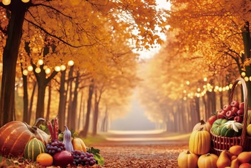 Fall Photography Backdrop 7x5ft, Autumn Maple Leaves Photo Background, Pumpkins Background for Thanksgiving Party, Farm Harvest Photo Booth Props - color: Autumn Backdrop-3, size: 7×5ft