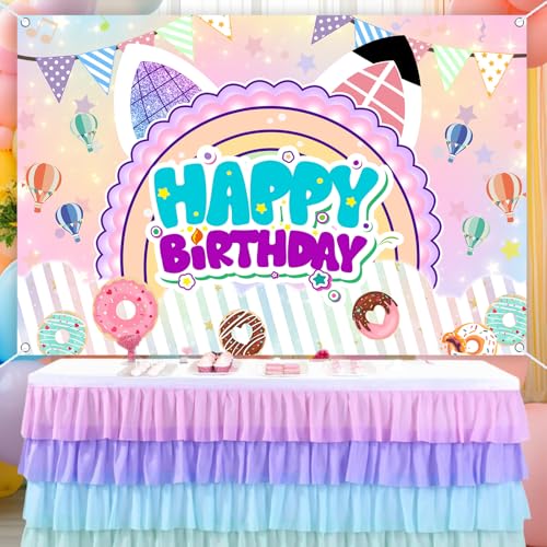 5x3ft Cute Cartoon Cat Theme Backdrop Cartoon Photography Background Kids Boys Girls Birthday Party Decorations Photo Booth Banner Props - color: Purple-Cat
