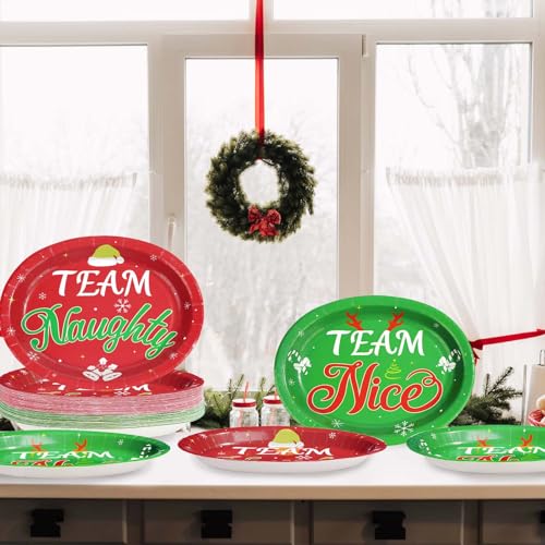 50Pcs Christmas Oval Paper Plates Team Naughty Team Nice Party Decorations 10" x 12" Large Disposable Heavy Duty 400GSM Red and Green Christmas Dinner Plates for Xmas Holiday Cocktail Party Supplies - style: Team Naughty Team Nice Oval Plates