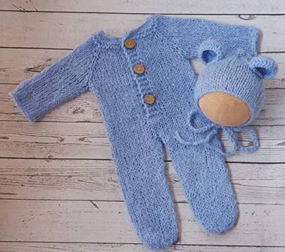 Newborn Photography Props Boys Girls Outfits Mohair Bear Hat Bonnet & Footed Romper Bodysuit Photoshoot Costume Set - color: Light Blue