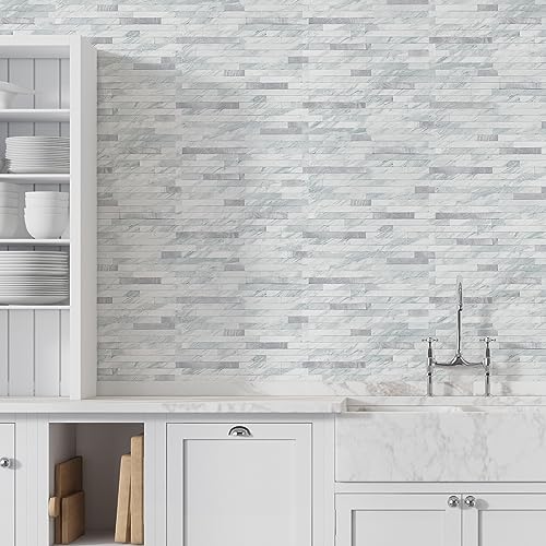 STICKGOO 20 Sheets Peel and Stick Backsplash Tile, Stick on Backsplash for Kitchen and Bathroom, Volakas White Look PVC Mixed Metal Silver Self Adhesive Wall Tiles - color: Volakas White + Metal Silver
