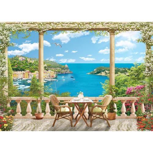 Coastal City Backdrop Mediterranean City Sea Bay Old Town Terrace View Photography Background Seaside Balustrade Columns Balcony View Blossoming Flowers Cafe Table Backdrop Decors Props 5x3ft - color: White_Blue, size: 5x3ft