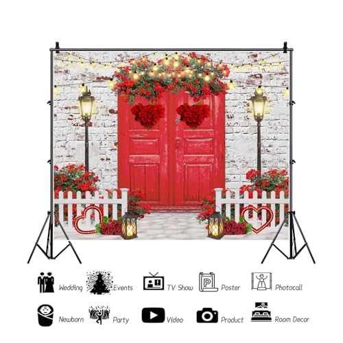 Valentines Backdrop 10x8ft Red Rose Love Heart White Brick Wall Red Door Photography Background Happy Valentine's Day Wedding Bridal Shower Anniversary Party Photo Booth Props