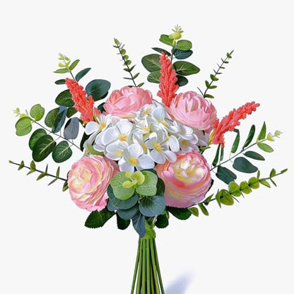 17PCS Artificial Pink Peony Flower Bouquet, Faux Spring Silk Floral Arrangements Peonies Cemetery Flowers Bouquets with Fake Stems for Vase, Wedding, Party, Grave, Table Centerpieces