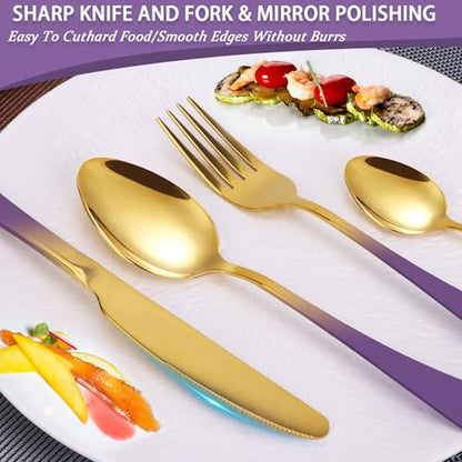 24 Pieces Flatware Set, Stainless Steel Cutlery Set with Silverware Holder, Modern Gold Silverware Set Includes Dinner Knives Forks Spoons,Hanging Silverware Set Service for 6 (Purple) - color: Purple