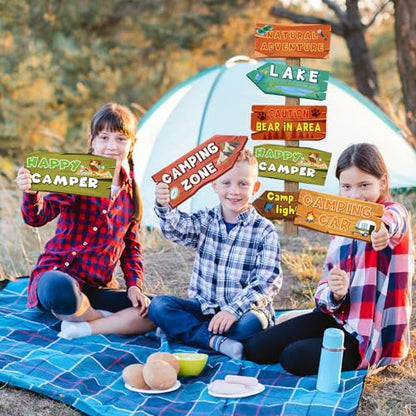Hooqict 20 Pieces Camping Themed Party Decorations Camping Party Directional Signs for Summer Camp Decor Welcome to Camp Birthday Party Supplies Classroom Wall Door Porch Yard Sign - style: Camping