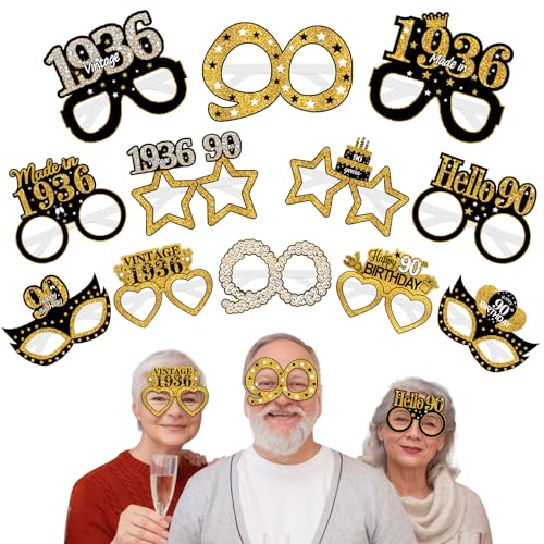 Turypaty 24Pcs 1936 90th Birthday Paper Glasses Decorations for Men Women - Black Gold Happy 90th Birthday Paper Eyeglasses Photo Props, Vintage 1936 Ninety Years Old Birthday Party Supplies - style: Black Gold 90th