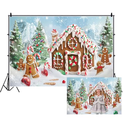 Renaiss 8x6ft Christmas Gingerbread House Backdrop Winter Candy House Snowflakes Xmas Tree Gift Xmas Scene Photography Background for Holiday Family Adults Kids Decor Photo Booth Props - color: christmas, size: 8x6ft