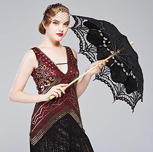 BABEYOND Lace Umbrella Parasol Vintage Wedding Bridal Umbrella for Decoration Photo Lady Costume 1920s Party (Black) - color: Black