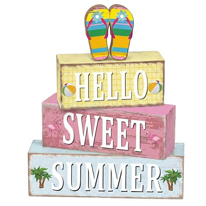 Geelin 4 Pcs Summer Decorations Wooden Sign Hello Summer Flip Flop Table Centerpiece Tiered Tray Decor Beach Farmhouse Blocks Table Top Sign for Home - style: Summer