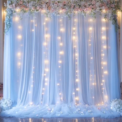 Baby Blue Sheer Tulle Backdrop Curtains with Lights String for Parties Baby Shower Decorations for Boy Bridal Shower Birthday Party Photo Shoot Background Wall Decorations 10×8ft(2 Panels 5×8ft) - color: Baby Blue, size: 10 ft X 8 ft(2 Panels 5ft X 8ft)