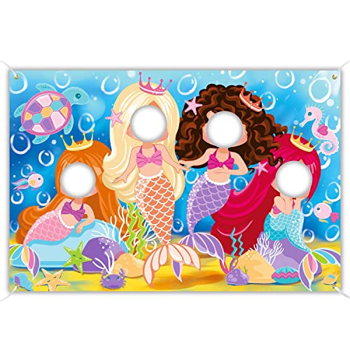 Mermaid Backdrop 5 x 3.3 ft, Mermaid Face in Hole Party Selfie Photo Prop, Mermaid Birthday Photography Background, Under The Sea Party Decoration Photo Booth Props Multicolor
