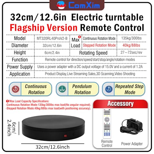 12.6In Remote Motorized Electric Turntable Rotating Display Stand Rotating Platform Photography Turntable motorized lazy susan base giratoria para for Photography,3D Scanner,(Load Range:88~300lbs) - size: 12.6inch/Black/300Lbs Load