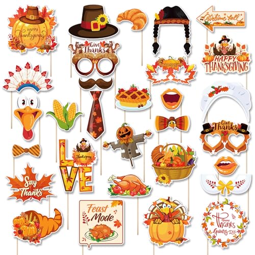 30 pcs Thanksgiving Photo Booth Props Funny Turkey Day Kits DIY Selfie Props with Stick for Fall Thanksgiving Day Party Decoration Favors - color: Orange