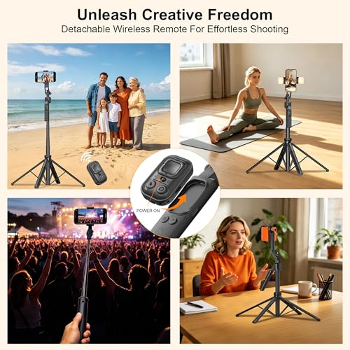 63" Tripod for iPhone with Light Remote, Detachable Phone Holder, Auto Face Tracking Tripod for Travel, Lightweight Selfie Stick Tripod for Video Recording, Compatible with Phone/Action Camera - size: Tripod With 2 Mini Square Lights