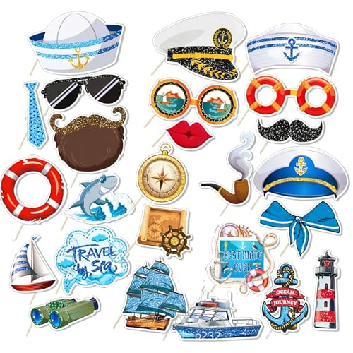 25 Pcs Sailing Photo Booth Props Kit Sailing Photo Props Party Supplies Favors Decorations Selfie Prop Photography Photobooth Funny Cute Holiday Selfie Supplies Easy to Assemble