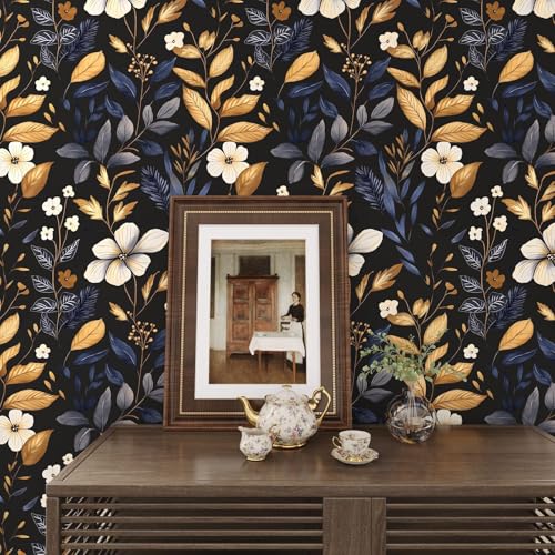 Laatse Vintage Dark Floral Wallpaper Peel and Stick Blue/Gold Leaf Wallpaper Waterproof Self Adhesive Removable Boho Wall Paper Modern for Bedroom Walls Drawer Cabinet 17.5in x 197in - color: Blue&Black, size: 197" x 17.5"