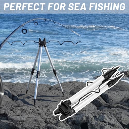 2 Pcs Portable Fishing Rod Holder for Ground Aluminum Alloy Rack with Lock Bank Fishing Rod Holder Fish Pole Bracket Stands Collapsible Fish Accessory Outdoor
