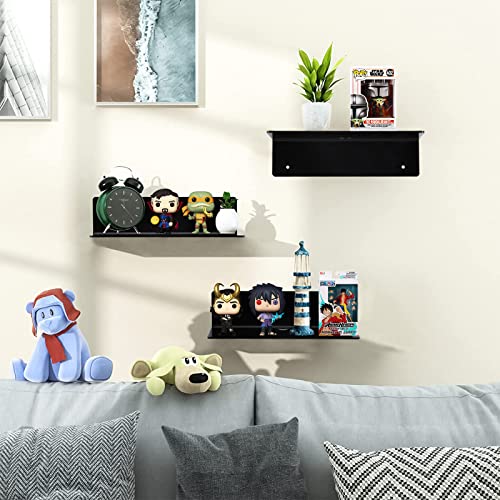 9 Inch Acrylic Floating Shelf No Drill Adhesive Wall Shelf Set of 2 for Funko Pop Storage, Floating Shelves Damage-Free Expand Wall Space for Living Room, Bathroom, Gaming Room, Office - Black - color: Black