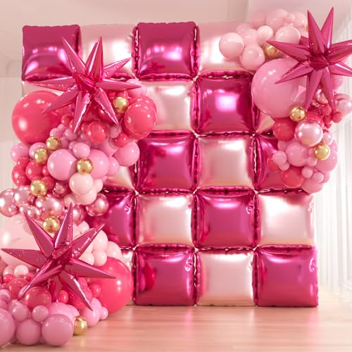 149pcs Pink and Gold Balloons Arch Kit - 25pcs Double Sided Hot Pink Flat Square Foil Balloons Wall Backdrop for Anniversary Bachelorette Birthday Valentines Day Party Decoration - color: Hot Pink