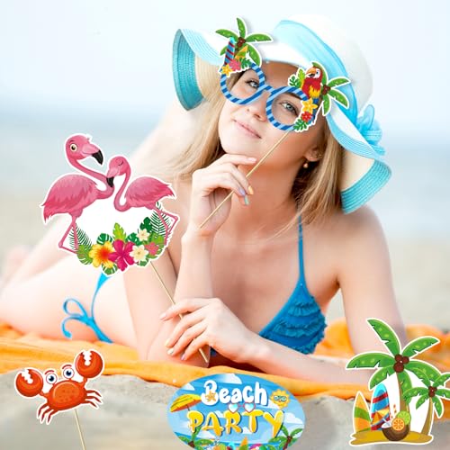Konsait 42 PCS Hawaiian Photo Booth Props Luau Party Decorations, Summer Photo Booth Props Tropical Picture Prop Hawaiian Party Decor Aloha Backdrop Prop