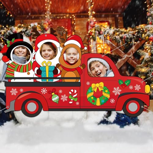 Large 75 Inch Christmas Red Truck Photo Prop Selfie Frame Christmas Party Decorations Large Fabric Red Truck Backdrop Reindeer Santa Claus Snowman Photo Booth Frame for Winter Xmas Holiday Party Decor