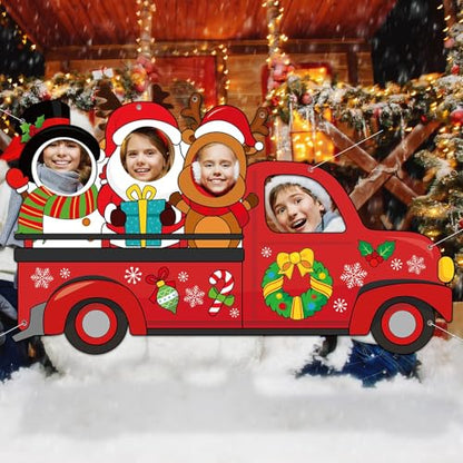 Large 75 Inch Christmas Red Truck Photo Prop Selfie Frame Christmas Party Decorations Large Fabric Red Truck Backdrop Reindeer Santa Claus Snowman Photo Booth Frame for Winter Xmas Holiday Party Decor