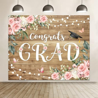 Graduation Congrats Grad Photography Backdrops 12x10ft Vinyl Boho Floral Flower Wood Board Class of 2025 Backdrop Background Party Background Banner Supplies Photo Booth Props for Prom Party - size: 12′x10′