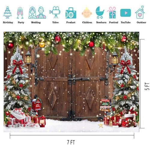 7X5FT Winter Christmas Rustic Barn Wood Door Photography Backdrop Xmas Tree Snow Background Banner for Family Holiday Party Decoration Supplies New Yeary Family Gathering Banner - size: 7x5ft