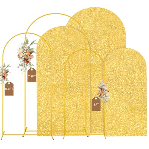MODFUNS Metal Arch Backdorp Stand and Cover Set 6&6.6&7.2ft Gold Sequins Arch Backdrop Cover Set of 3 Golden Arched Backdrop Stand Wedding Arch Frame for Birthday Party Banquet Decoration - color: Gold, size: 6&6.6&7.2FT-Set