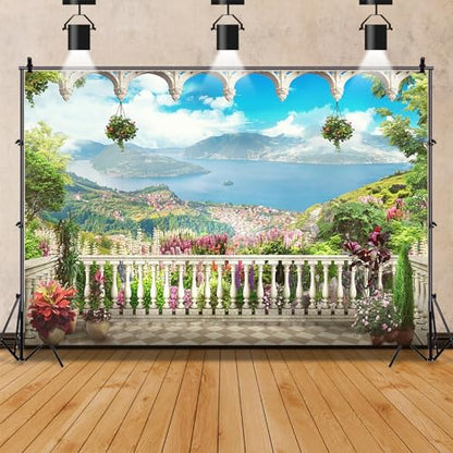 AOFOTO 7x5ft Garden Terrace Backdrop Pretty Scenery Photography Background Adult Girl Bride Lovers Artistic Portrait Seascape Romantic Wedding Retro Photo Shoot Studio Props Video Drop Wallpaper Drape - size: 7x5ft