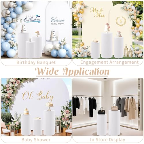 Metal Pleated Cylinder Pedestal Stands for Party, 3 Pieces Heavy Duty Round Cake Pedestal Stand Display Plinth Pillars Art Decor for Wedding Ceremony Birthday Party（Large, White） - size: XXL:35.63"x40", XL:29.72"x14.17", L:23.82"x12.6"