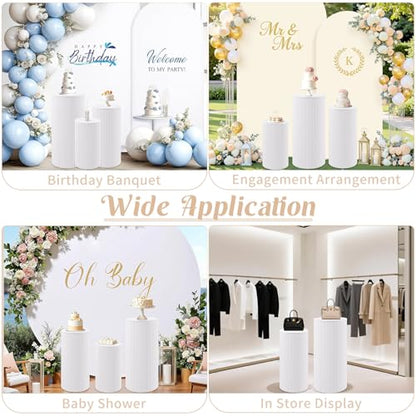 Metal Pleated Cylinder Pedestal Stands for Party, 3 Pieces Heavy Duty Round Cake Pedestal Stand Display Plinth Pillars Art Decor for Wedding Ceremony Birthday Party（Large, White） - size: XXL:35.63"x40", XL:29.72"x14.17", L:23.82"x12.6"