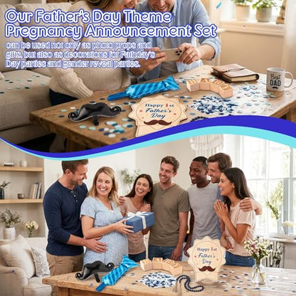 9Pcs Pregnancy Announcement Set Coming Soon Baby Announcement Ideas Include Happy Father's Day Wooden Sign Balloon Beads Garland New Parents Pregnancy Reveal Photo Prop Backdrop for 1st Father's Day - color: Blue