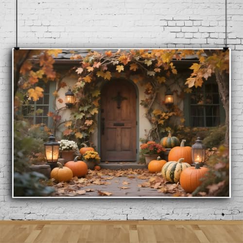 Fall Backdrop 12x8ft Rustic Wood Door Fallen Autumn Leaves Fall Backdrops for Photography Festival Harvest Background Thanksgiving Decorations Props for Photoshoot Studio Photo Backgrounds - color: Brown, size: 12x8ft